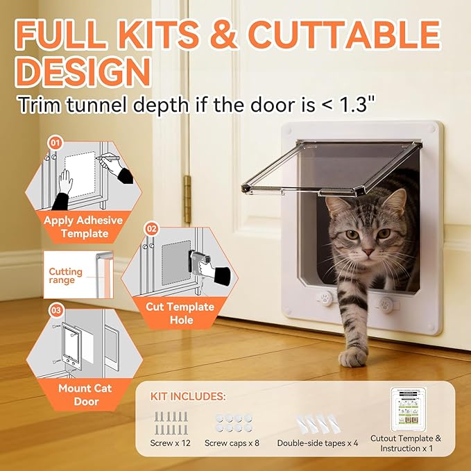 LIBBEPET Cat Door Interior Door, Indoor Cat Doors, X-Large Pet Doors for Cats Up to 25 lbs(Frame Size 9.8" x 11.6"), Upgraded 4 Way Locking Kitty Door for Interior & Exterior Doors, Easy to Install
