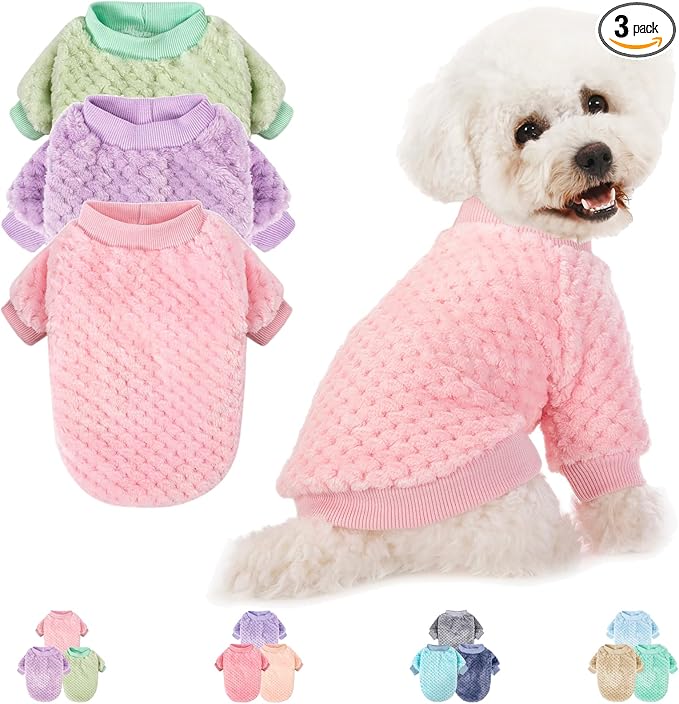 Dog Sweater, 3 Pack Dog Sweaters for Small Medium Dogs or Cat, Warm Soft Flannel Pet Clothes for Dogs Girl or Boy, Dog Shirt Coat Jacket (Large, Pink+Purple+Light Green)
