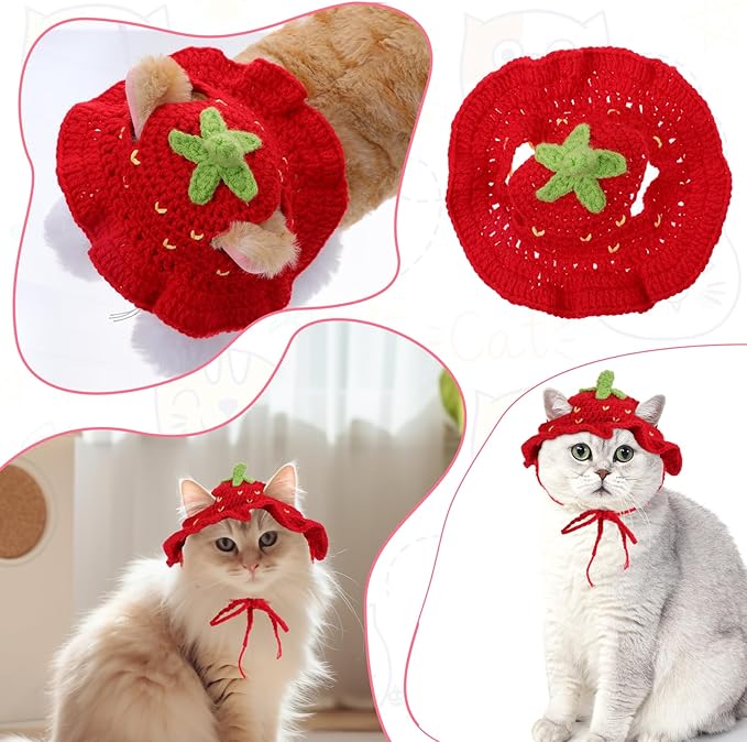 Piriuuo Strawberry Cat Hat, Cotton & Soft Cute Knitted Hats for Cats Strawberry Crochet Cat Hats for Cats Only Cute Puppy Hat for Small Pets on Christmas Birthday Party Halloween (Red, S)