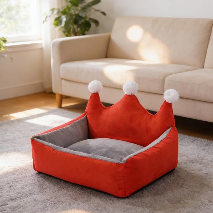 Cute Crown Pet Beds for Dogs Cat,Fashionable Luxurious Crown Cat Princess Beds Winter Warm Puppy Cat Sofa Bed Soft Upholstered Plush Sofa,Durable Washable Anti-Slip Dog Beds (Red, S-Below 9.0kg)