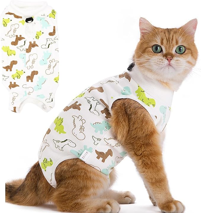 Cat Recovery Suit for Spay Abdominal Wounds Female, Onesie for Cats After Surgery, Surgery Recovery Suit Kitten Onesie for Cats Anti Licking (Dinosaur, Small)