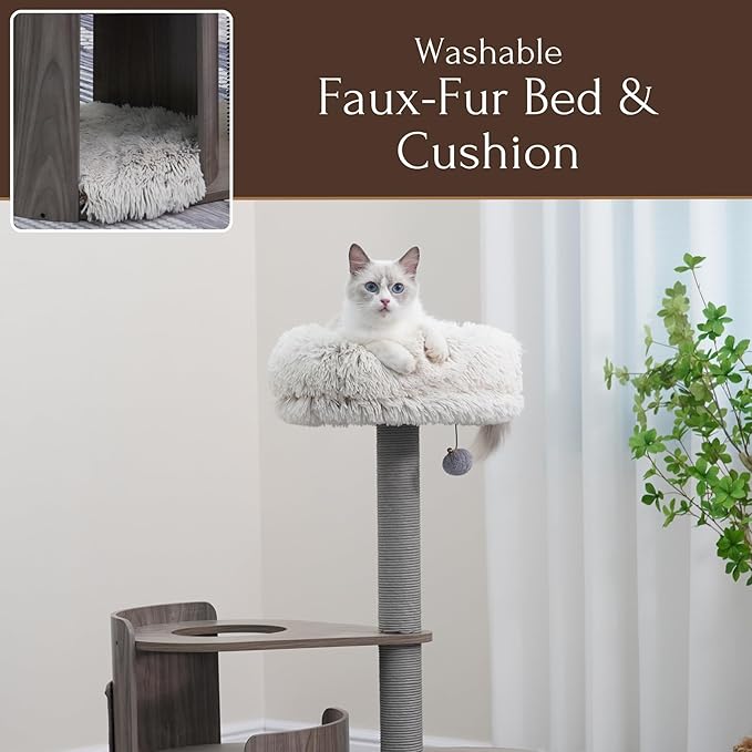 PetPals Modern Design Cat Tower, Wooden Cat Tree with Recycled Paper Rope Scratching Posts, Sisal Mat, Soothing Self Grooming Massager, Removeable Bed (Taupe)