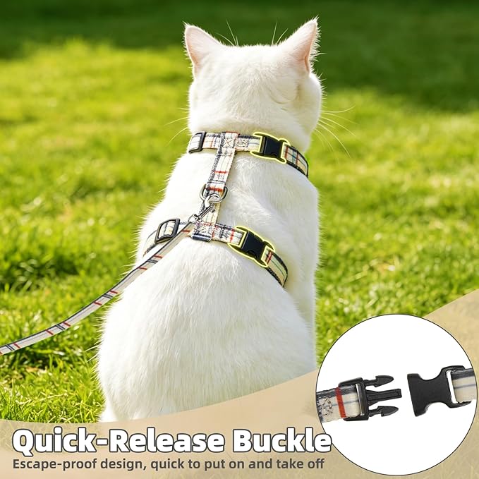 PUPTECK Adjustable Cat Harness and Leash Set Escape Proof Kitten Strap Collar for Walking Travel, Beige Plaid