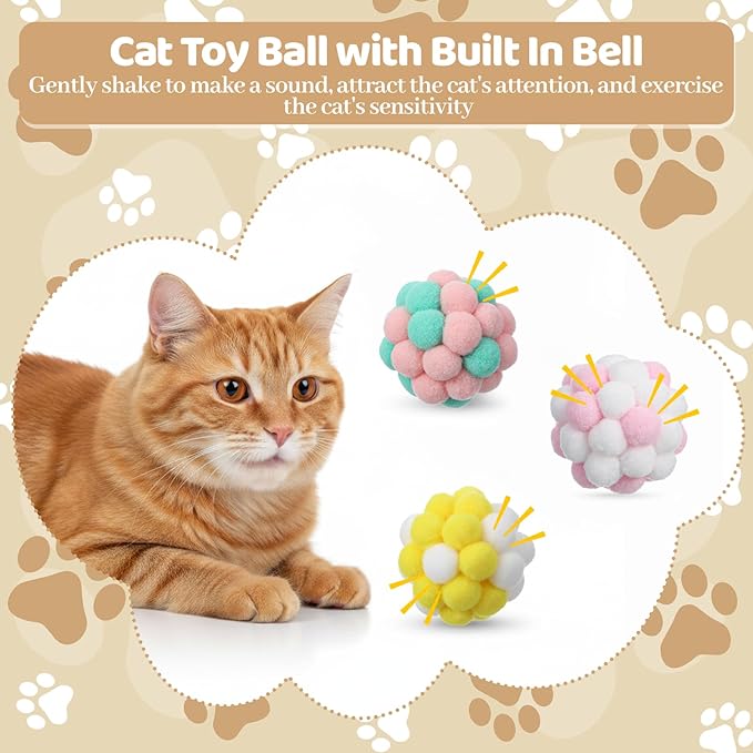 12 Pieces Cat Pom Pom Balls, PVA Polyester Material, Soft Pompoms with Bells, 5cm 6cm Interactive Ball Toy for Cats Kitten Indoor Outdoor Playing Chewing Scratching