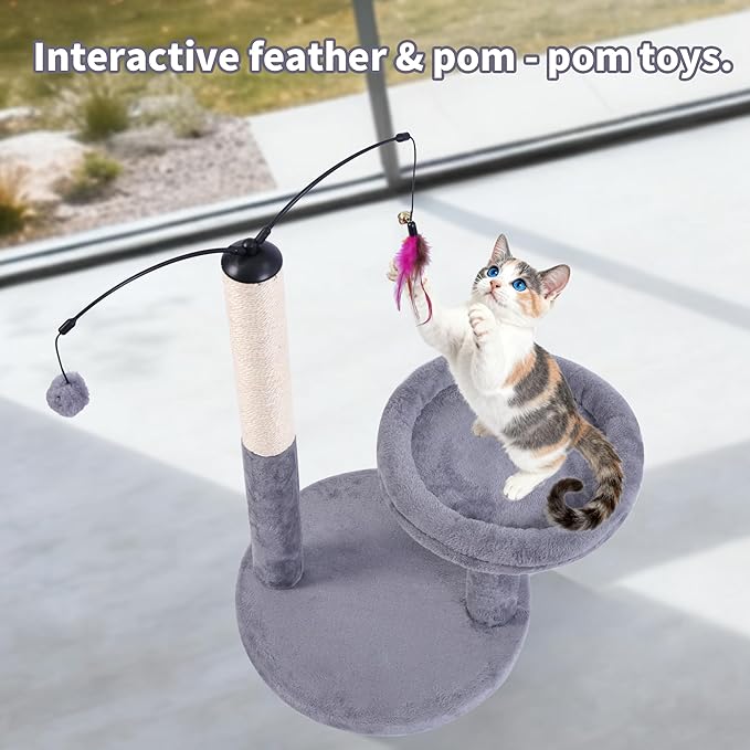 AIWIKIDE 24" Scratching Post, Interactive Cat Scratcher, with Perch & Plush Toy, Sturdy Weighted Base, Grey