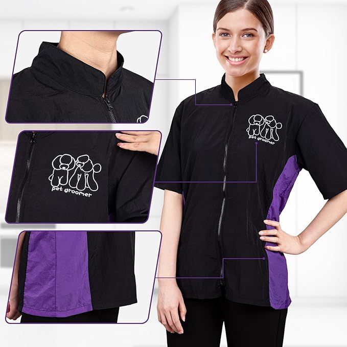 Noverlife Short Sleeves Pet Grooming Workwear with Full Zipper, XL Size, Anti-Static Pet Beautician Smock, Lightweight Cosmetologist Uniforms Grooming Jacket for Men Women, Washable Hairdresser Apron