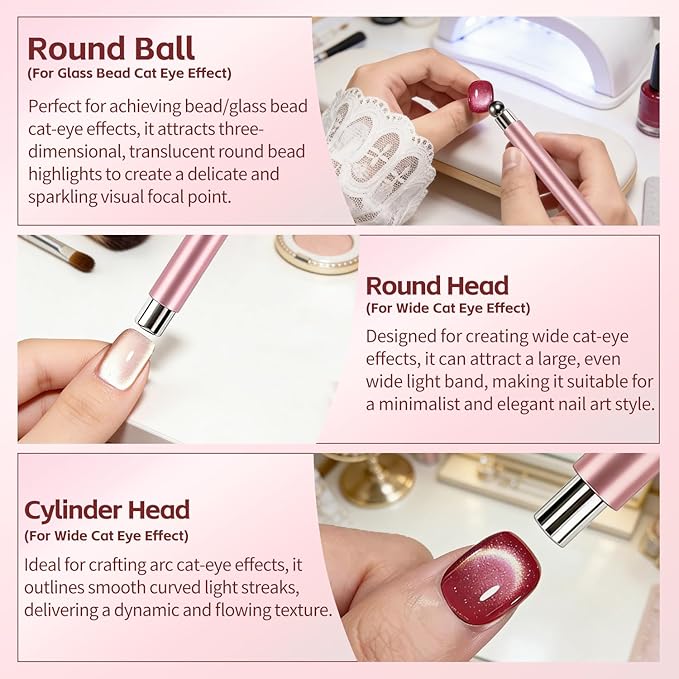 Cat Eye Magnet for Nails, 3-in-1 Cateye Magnet Nail Art Tool, Nail Magnet with Cylindrical & Ball Heads, Magnetic Nail Tool for Cat Eye Gel Polish, Multi Effect for DIY Home Salon Use