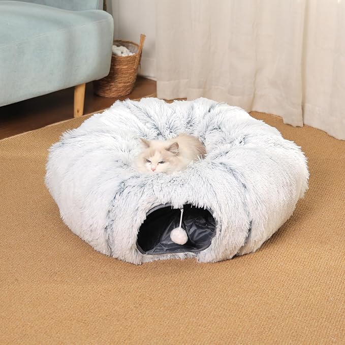 Cat Tunnel with Cat Bed for Indoor Cats, Soft Plush Peekaboo Cat Cave Donut Tunnel, Multifunctional Playground Toys Hideplace for Small Medium Large Kittens, Rabbit, Ferret (L)