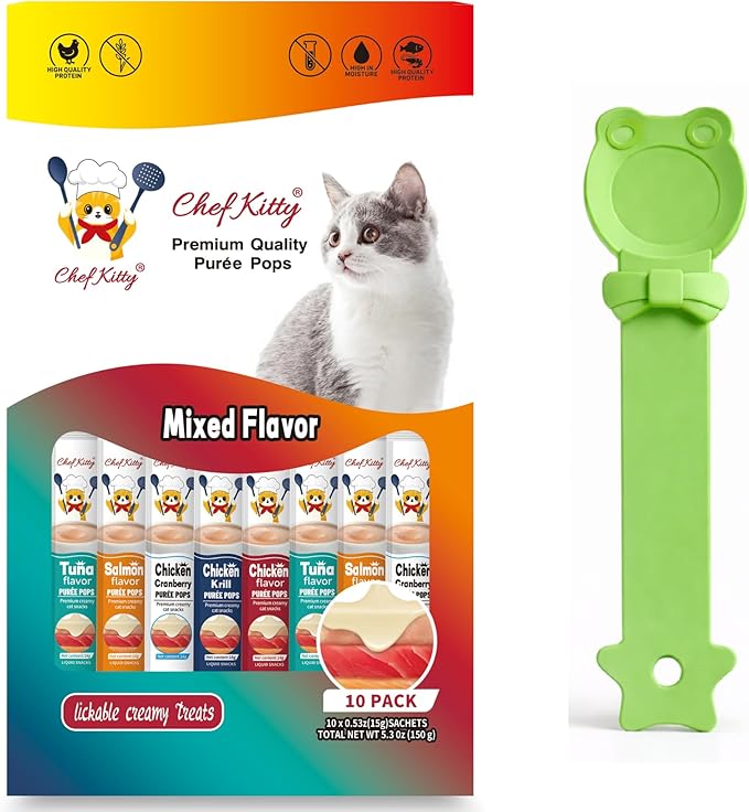 Purée Pops + Green Feeding Spoon, Grain-Free, Lickable, Squeezable Creamy Cat Treat/Topper, 10 Tubes, Chicken and Seafood Mix Variety