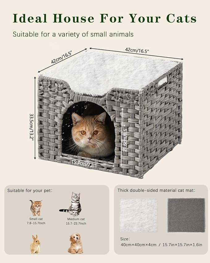SETVSON Cat Beds Indoor Kitten House, Handwoven Rattan Cat Cave Pet Cube, Large Cat Houses, One Bed Mat, Foldable, Hideaway, 16.5x16.5x13.2 Inches, 2 S-Shaped Hooks in Living Room Bedroom Gray