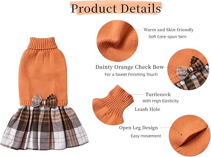Lanyarco Orange Knitted Thanksgiving Fall Dog Sweater Dress, Plaid Girl Dog Clothes Winter for Small Dogs, Terrier Doggy Pet Apparel, Medium (M)