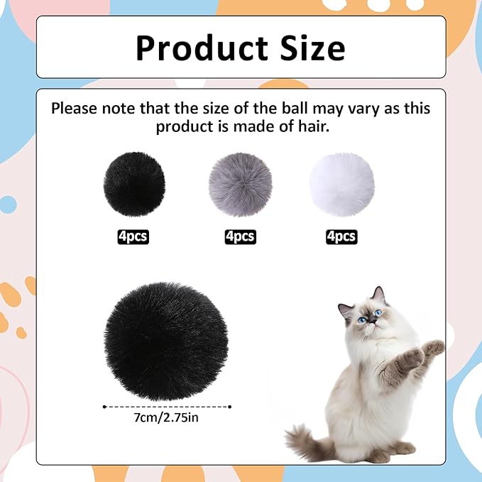 12 Pcs Cat Pom Pom Balls, Rabbit Fur Ball Cat Toy Fluffy Soft Fuzzy Balls for Cats Pets Interactive Playing Indoor, 2.75 Inches in Diameter (Gray Black White)