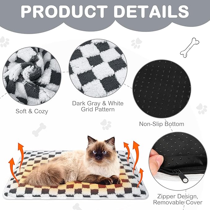 HunnmingRe 2 Pack Self Warming Cat Bed Self Heating Dog Pad Cat Warming Pad Thermal Pet Mat Washable Reflect Body Heat Removable Cover for Indoor Kittens Puppies (Grey White Plaid,16 x 20 Inch)