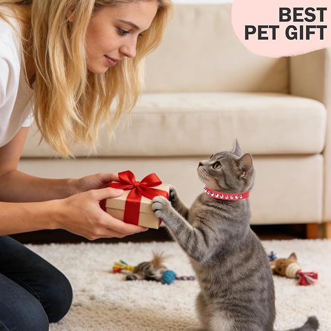 Leather Cat Collars for Boy Girl Cats with Bell and Safety Elastic Belt, Personalized Rivets Stud Adjustable Safe Buckle Collar with Skull Charm for Kitty Small Pets, Red 7"-9"