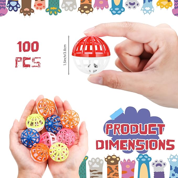 Hungdao 100 Pieces Cat Toys Balls, Plastic Lattice Balls Small Crinkle Cat Toys Assorted with Bell for Kitten Kitty PET Chase Pounce Rattle Play Toys, Assorted Color