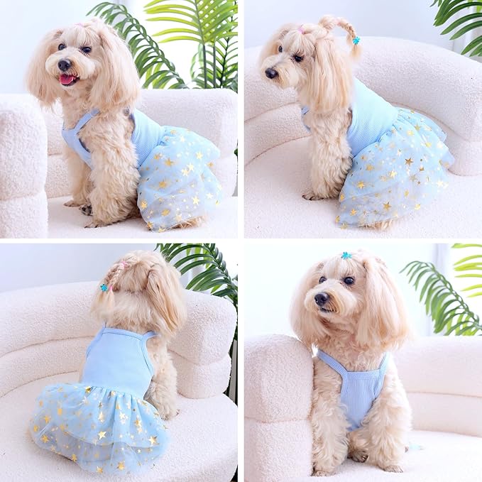Dog Tutu Dress Cat Dogs Summer Tulle Slip Lace Dress Cute Puppy Glitter Star Skirt Pet Party Clothes for Small Medium Cat Dog (Blue, Medium)