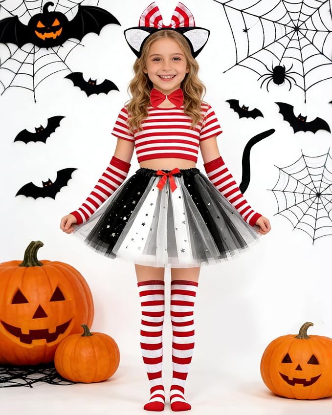 6 Pcs Cat Costume Set with Headband, Bow Tie, Sleeves, Socks, Tutu and Tail for Grils Halloween Book Week Cosplay