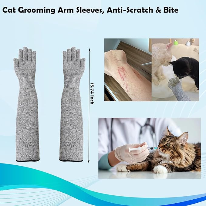 Pet Handling Gloves – 16" Extra-Long Cat Grooming Arm Sleeves, Anti-Scratch & Bite Resistant Protective Sleeves for Bathing & Nail Trimming (Gray)