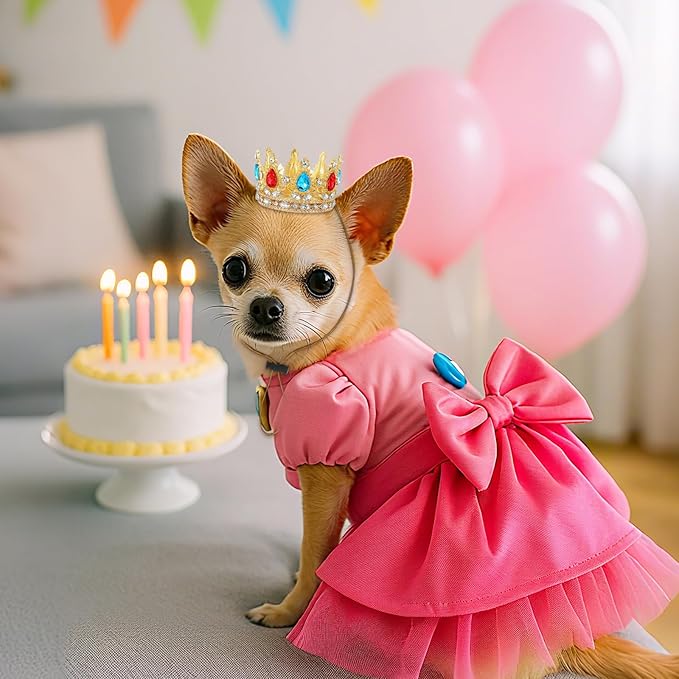 Abbylike Pet Princess Crown for Dog Cat Pink Halloween Costume with Adjustable Strap Gold Glitter Rhinestone King Crown Hat for Pet Birthday Party Adoption Celebration Photos Prop Cosplay Accessory(S)