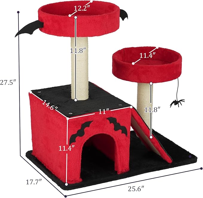 26" Gothic Cat Tree, Cat Tower with Spacious Cat Condo, 2 Padded Perches, Spider Toy, Scratching Posts, Scratching Ladder for Large Cats, Red & Black (60 * 40 * 66CM)