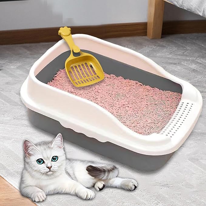 Open Top Cat Litter Box Potty Toilet Easy to Clean Splashproof Pet Litter Tray Pan with Scooper for Rabbit Indoor Cats Bunny- Gray M 31x21x16cm