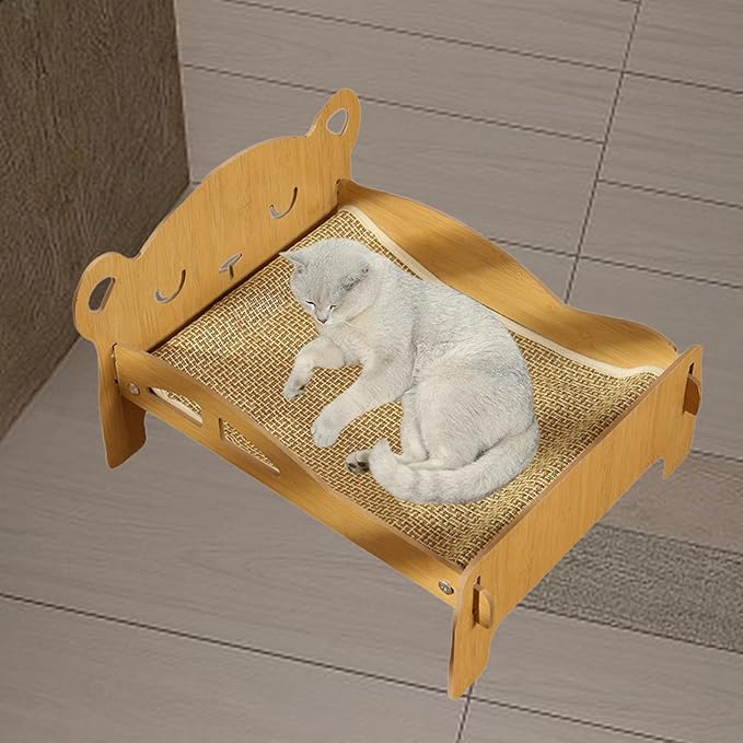 Cat Scratcher Bed Bear Head Design Wood Scratching Board Elevated Hammock Lounge Furniture Protector for Cats Small Dogs