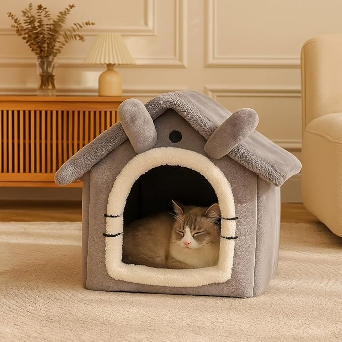 Cat House Bed for Indoor Cats, Covered Plush Cat Cave with Washable Cushion Pillow, Warm Kitten Tent Bed for Small Pets