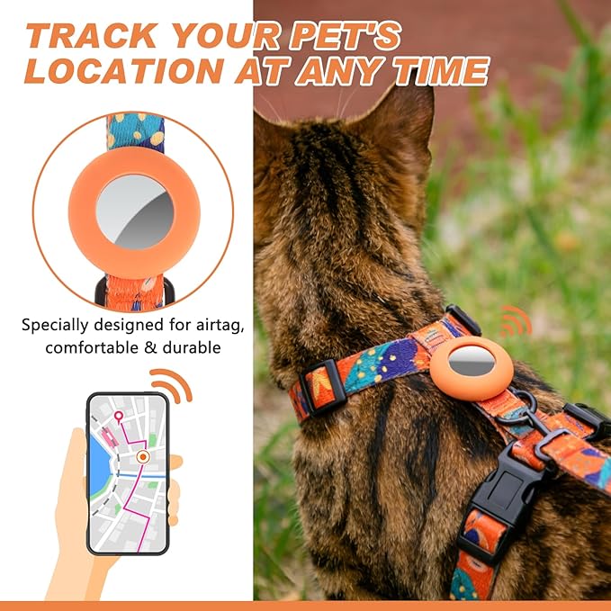 Cat Harness and Leash Set with Airtag Holder for Walking & Travelling, Escape Proof Cat Harness for Small Medium Large Kitten, Adjustable Lightweight Soft Cat Vests(Orange Print)