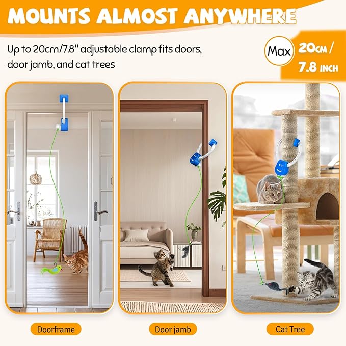 Interactive Cat Toys for Indoor Cats, Automatic Hanging Door Frame Cat Toy with Bird, Mouse & Feather Teasers, Motion Activated Self Play Exercise Toy for Bored Kittens & Adult Cats.