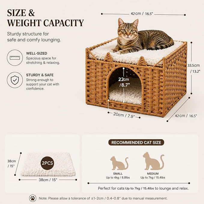 Cat Bed with Ears - Handwoven Rattan Cat Cave House for Indoor Kittens, Foldable Hideaway with 2 Removable Cushions, 16.5x16.5x13.2 Inch Natural Pet Cube for Living Room/Bedroom Natural