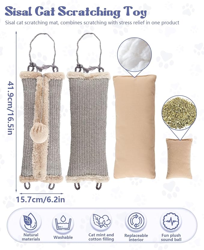 16.5" Sisal Catnip Kicker Toy for Indoor Cats,Heavy Duty Cat Scratching Pillow with 24" Bonus Rope,Washable & Refillable Catnip Toy for Aggressive Kickers,Chewing & Teething, Sisal Mat Texture (Grey)