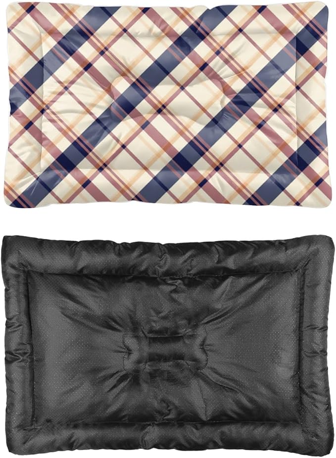 Cream Beige Plaid Kennel Mat Non Slip Bottom Washable Dog Beds Cozy Soft Outdoor Dog Pad Travel Accessories Printed Cage Mat Gift Reusable Bed 24× 18 Inch Indoor Outdoor