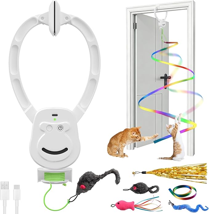 Automatic Hanging Interactive Cat Toy for Indoor Cats,Clip-On Doorway Cat Toy for Bored Adult Cats & Kittens,USB Rechargeable Motion Cat Enrichment Toy for Chase Exercise,Multi-Cat Homes(White)