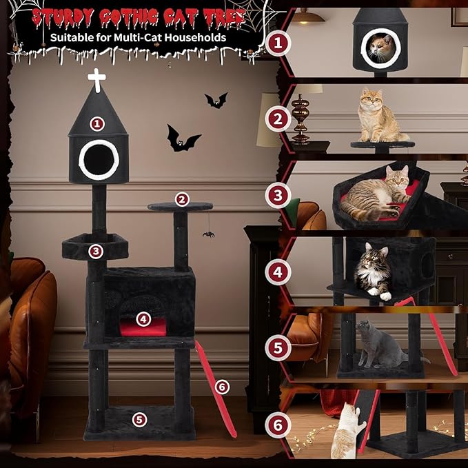 64" Gothic Cat Tree with Coffin Bed, Multi-Level Tall Black Cat Tower Cats with Top Perch, Spacious Condos, Spider Hanging Balls, Scratching Post and Ladder for Large Cats 22 lbs, Black & Red