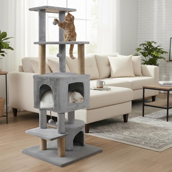 Tangkula 64 Inch Tall Cat Tree, Multi-Level Cat Tower with 2 Large Condos, Jute Scratching Posts, Plush Top Perch, Dangling Toys, Cat Climbing Furniture for Indoor Adult Cats & Kittens (Light Gray)