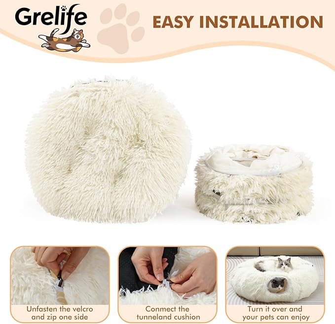 Grelife Cat Tunnel Bed for Indoor Cats, Cute Cat Tunnel Toys, Cat Donut Tunnel Toys with Washable/Removable Cushion, Non-Slip Base, for Cats, Kittens, Small Pets (White)