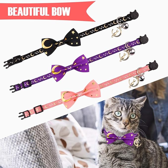 2 PCS Breakaway Cat Collar with Bow Tie and Bell Golden Moon Glowing Star in The Dark for Kitten(Purple&Pink)