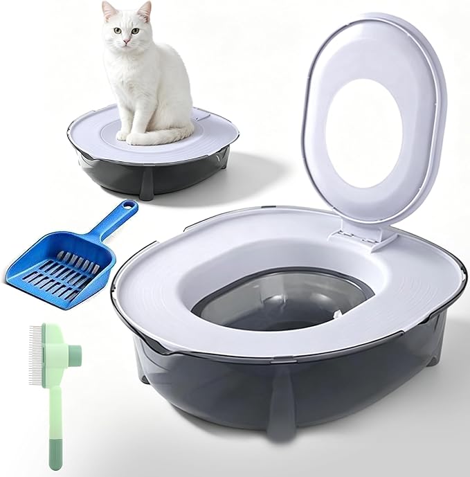 Cat Potty Training Kit for Indoor Cats, Portable Cat Toilet with Raised Anti-Splash Edge, Easy Clean Thickened PP Litter Box for Small and Medium Cats (Grey)