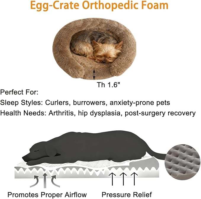 Calming Dog & Cat Beds with Orthopedic Egg-Crate Foam Raised Rim, Soft Fluffy Faux Fur Pet Bed for Small Medium Dogs, Anxiety Relief Spine Support, Machine Washable Cover (Round, Coffee 20")