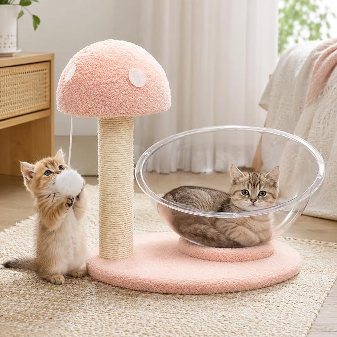 Mushroom Cat Tree for Kittens and Small Cats, 14.17" Cat Scratching Post with Clear Bowl Bed, Pink Sisal Scratcher with Pom Pom Toy, Stable Plush Base, Easy Assembly for Indoor Cats