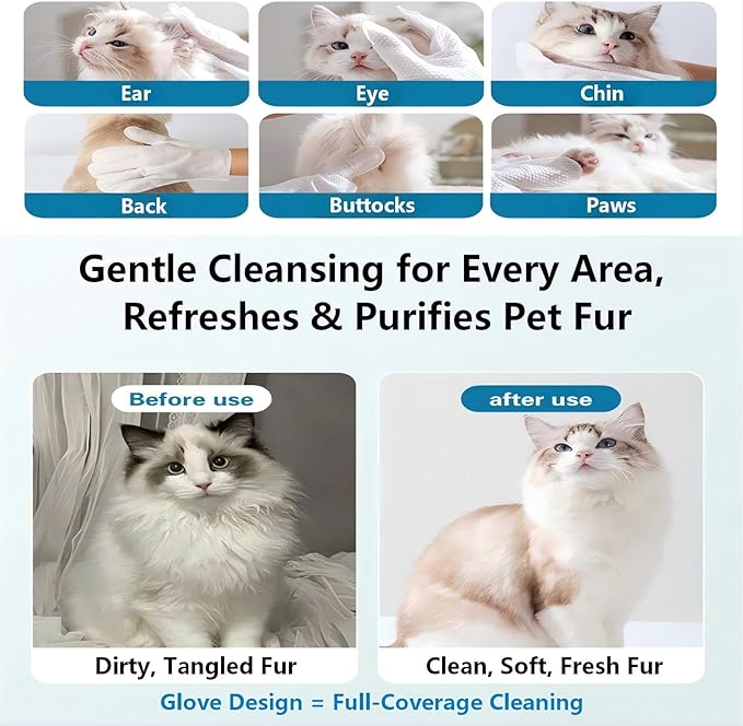 Pet Glove Wipes for Cats & Dogs, No Rinse Deodorizing Cleaning Mittens, Sphynx Cat Supplies, Thickened Hypoallergenic Aloe Vera, Unscented Full Body Grooming, Daily Care & Travel, 12 Count