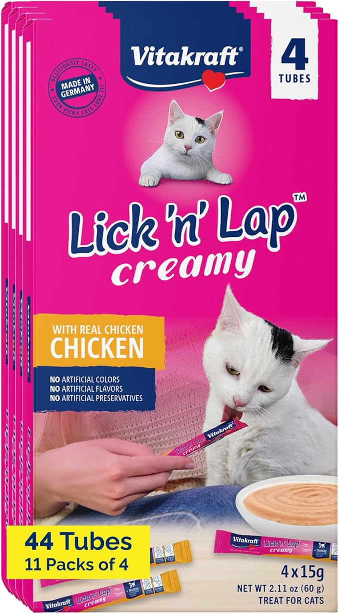 Vitakraft Lick 'N' Lap Real Chicken Squeezeable Liquid Cat Treats, Lickable, Chicken Broth #1 Ingredient, No Artificial Colors, Preservatives or Added Sugar, for Hydration, 0.52 oz. Tubes, 44 Count