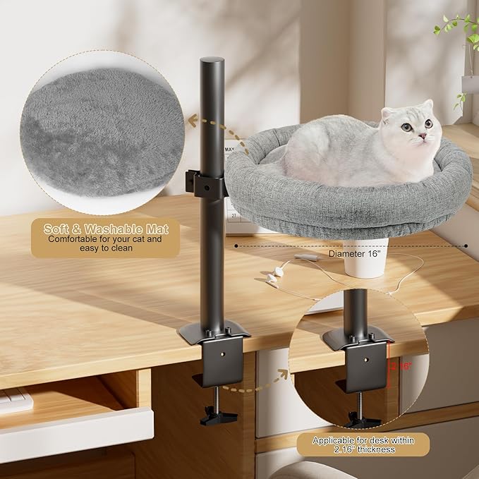 Cuipingoo Cat Desk Bed - 360° Rotating & Adjustable, Supports 40 lbs, Soft Faux Fur with Dual-Sided Reversible Mat, Modern Indoor Cat Nest Furniture for Office Desks and Game Tables, Island Table