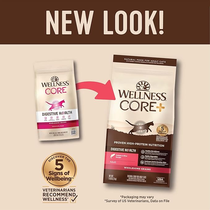 Wellness CORE+ Digestive Health Adult Dry Cat Food, Natural, Wholesome Grains Kibble, Salmon and Rice Recipe, 5 lb Bag