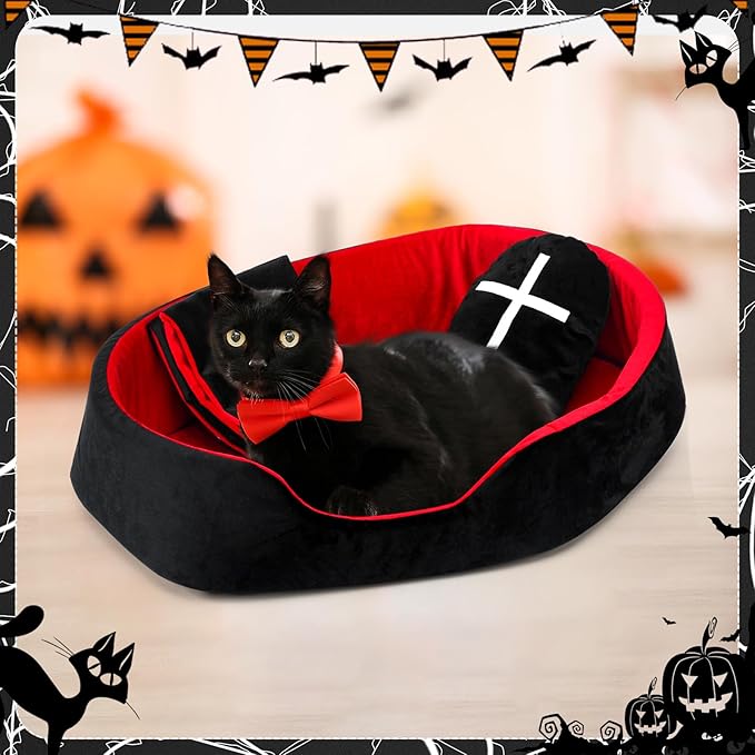 3 Pcs Gothic Cat Bed Set with 19 Inch Washable Coffin Cat Bed Black Tombstone Pillow Red and Black Blanket Gothic Pet Furniture Activity Center for Halloween