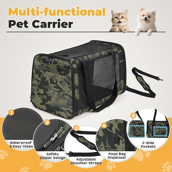Cat Carrier Soft 25lbs Two Loading Pet Carriers Portable Small Dog Puppy Airline Approved Carrier with Side Pockets Foldable Portable for Outdoor Car Black Camouflage