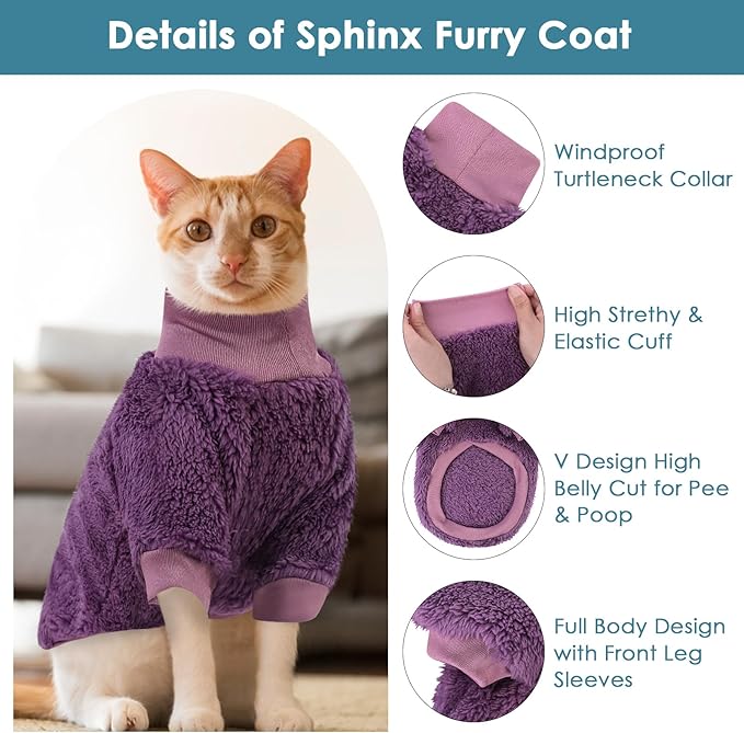 Sphynx Cat Sweater, Hairless Cats Turtleneck Pullover Kitten Sweaters for Cats Only, Warm and Soft Cat Pajamas Shirt with Sleeves Pet Winter Clothes Fleece Jumpsuit for Puppy, Purple M