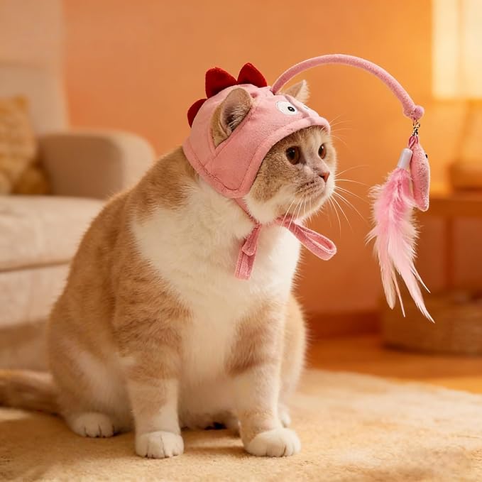 Cat Hat Toy Feather Wand Teaser Cat Toys (Pink)
