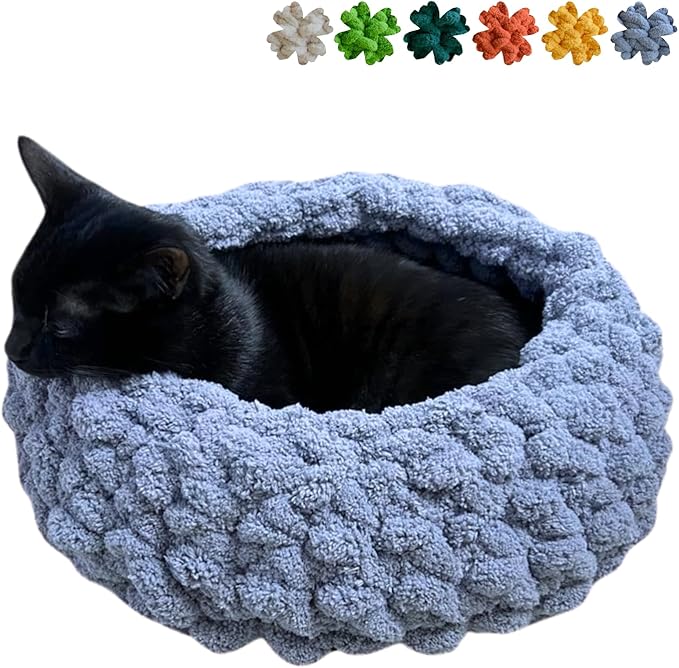 Cat Nest Bed - Premium Self Warming Handwoven Washable Extra Soft Round Cave House for Indoor Kitten & Kitty, Small & Large (Grayish Blue,Medium)