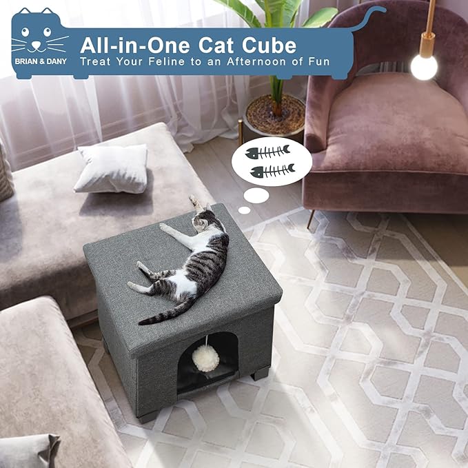 BRIAN & DANY Cat Beds for Indoor Cats,Cat Cave House for Kitten with Scratch Board & Ball, 14.7” x 12.7” x 14.1”, Gray